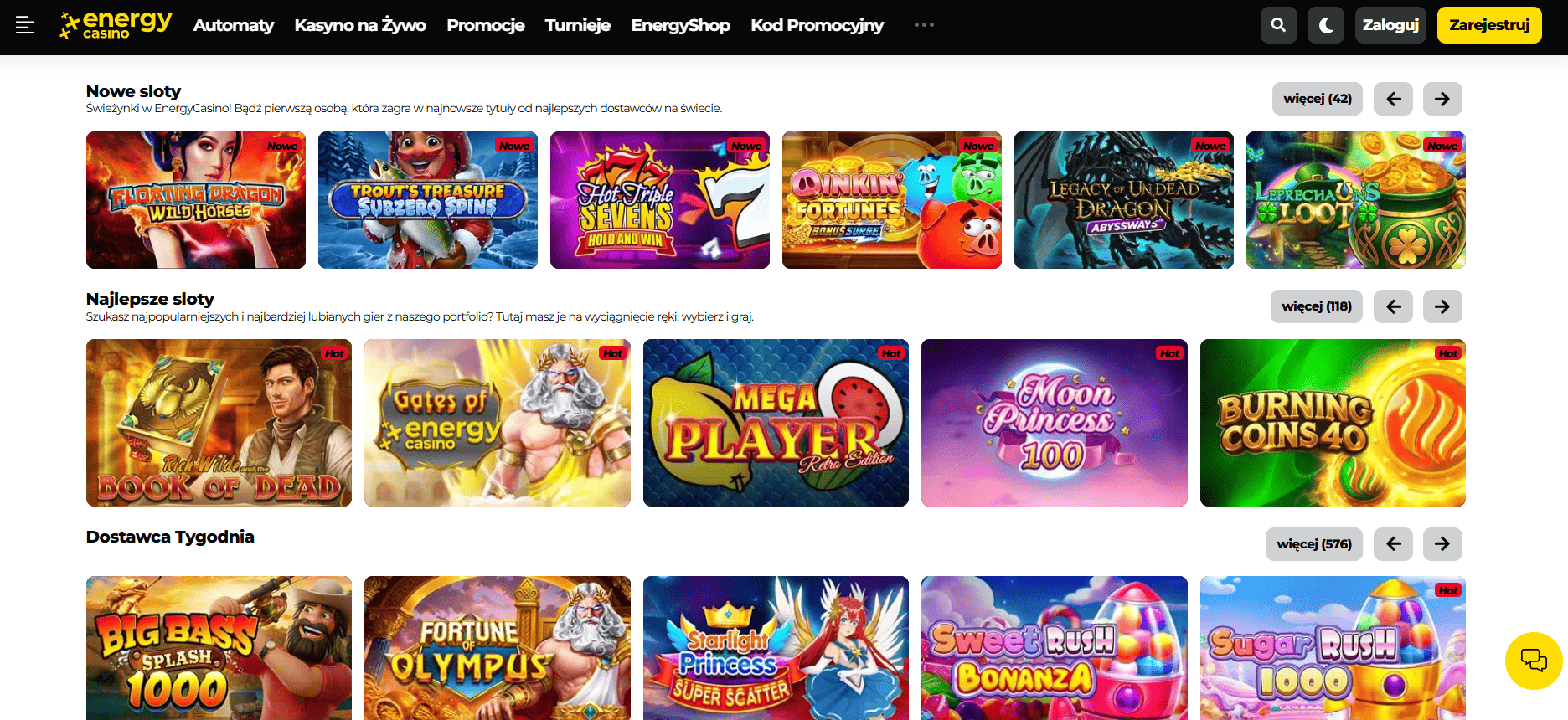 Katalog gier Energy Casino: sloty, stoły i transmisje na żywo